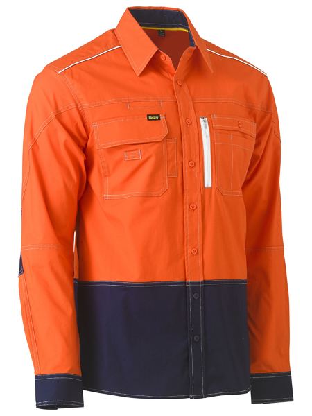 Shirt Bisley Hi Vis F&M Utility Stretch 145g Orange/Navy 2XL