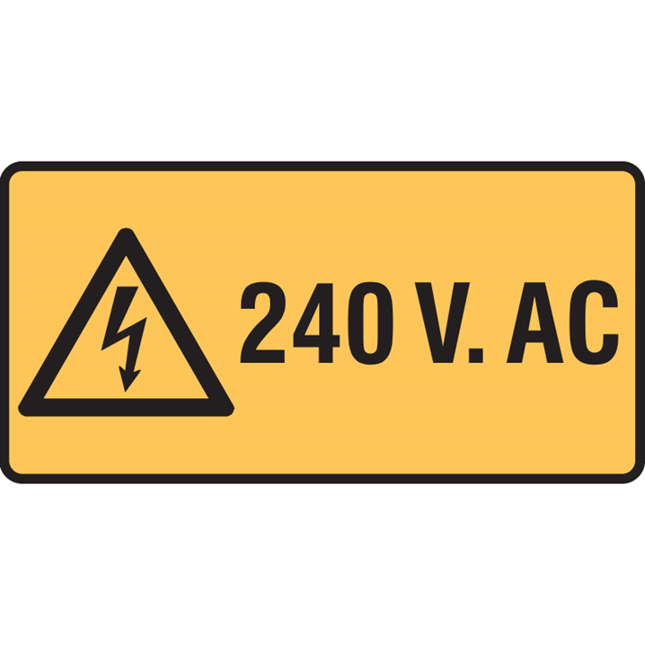 Sign (Warning) 240V AC ss 50x25 5pk