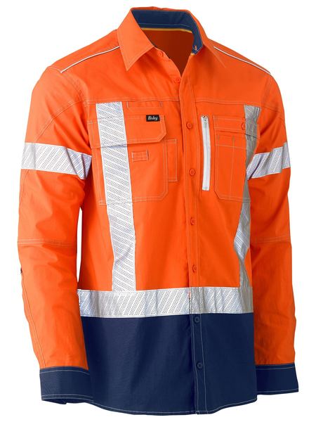 *** CLEARANCE *** Shirt Bisley Hi Vis X-Taped F&M Utility Stretch 145g Orange/Navy XL