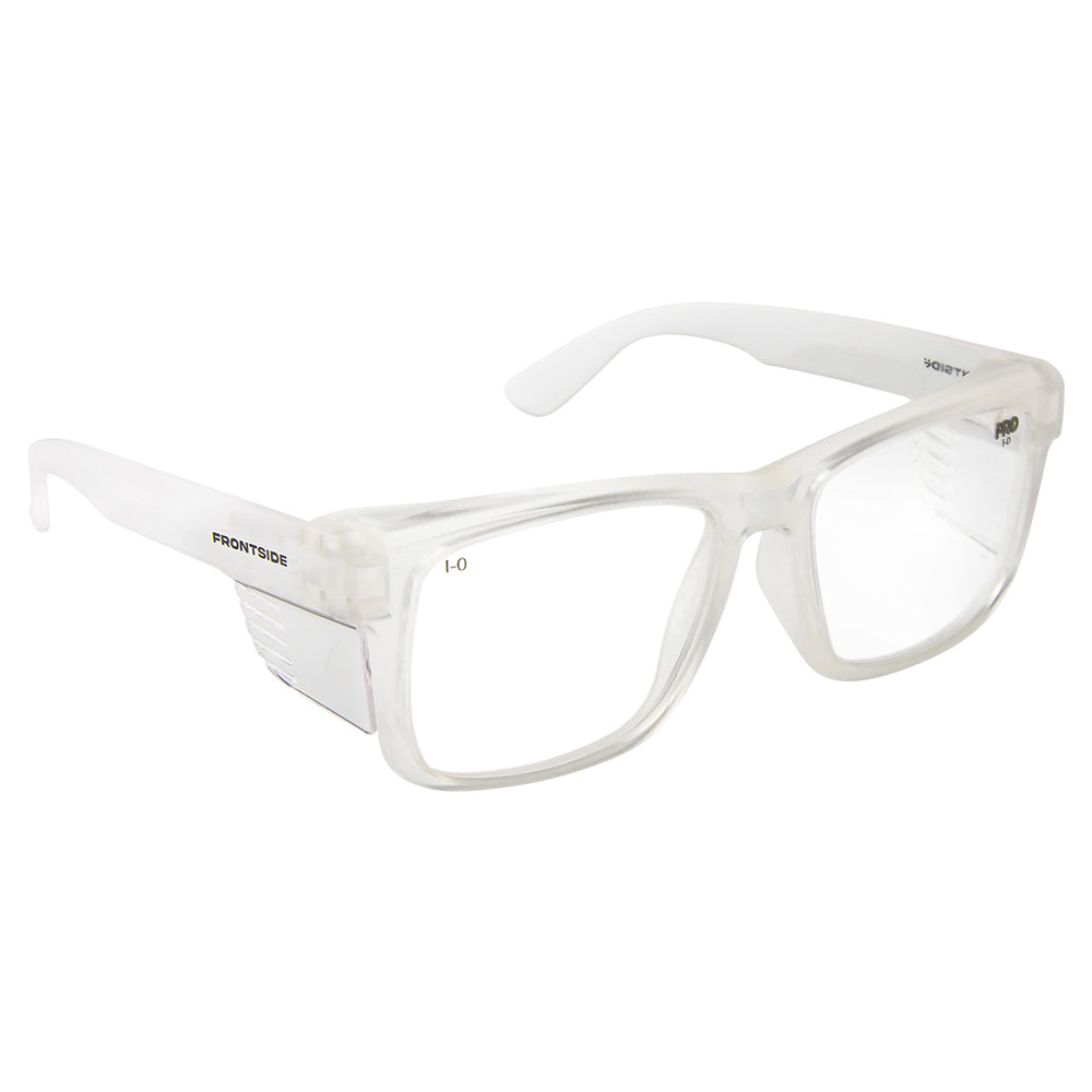 Safety glasses frontside clear lens with clear frame