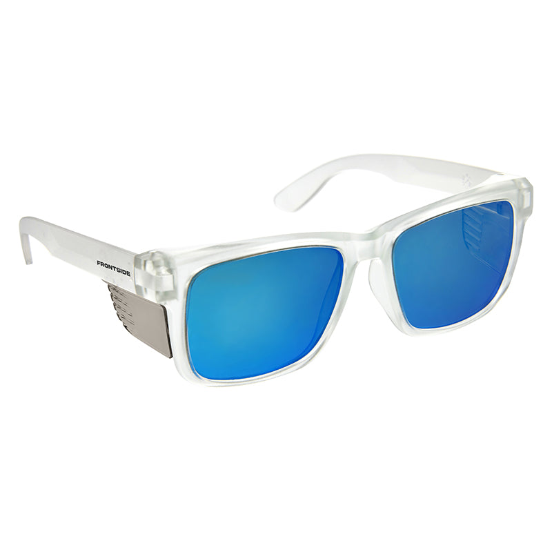 Safety glasses frontside Blue Revo lens with clear frame - Polarised