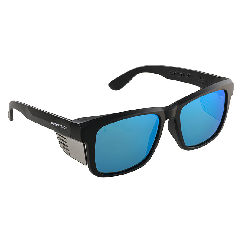 Safety glasses frontside Blue REVO lens with Black frame - Polarised