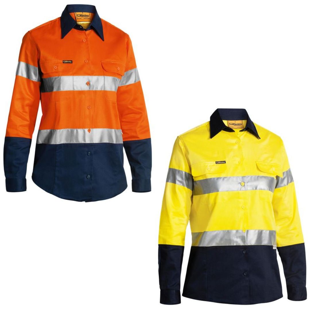 Bisley Womens Hi Vis Taped Drill Shirt LS 190g