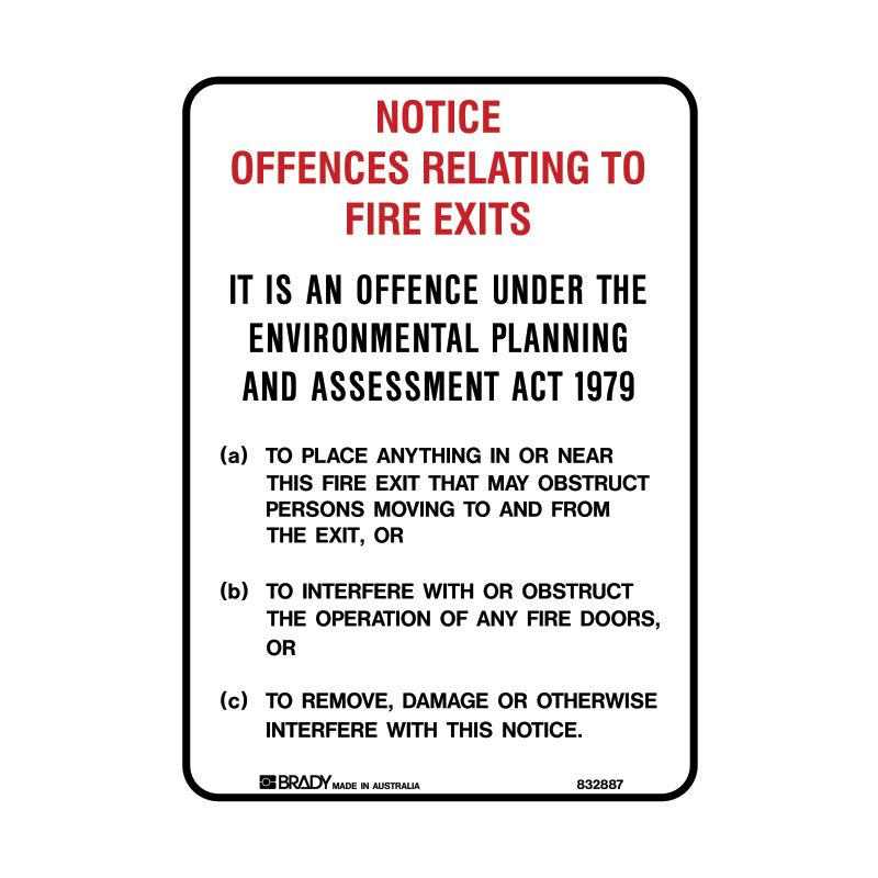 Sign (Fire) Notice Offences Relating to Fire Exits P 180x250