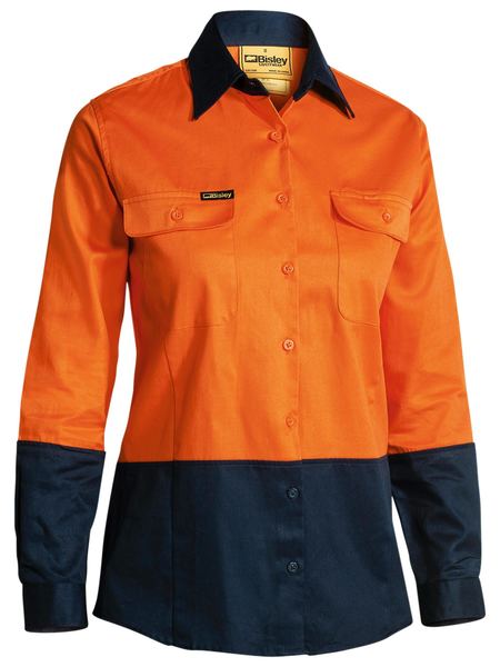 Bisley Womens Drill LS Shirt 190g Orange/Navy 8