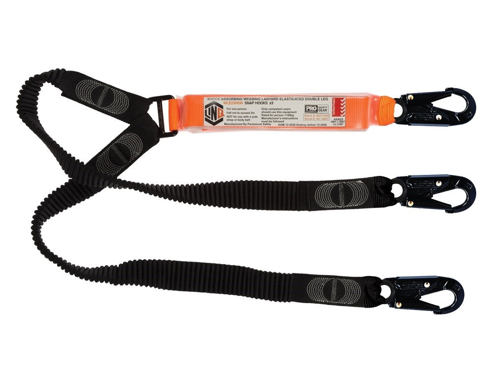 Linq Lanyard Double Elasticated 1 x Snap Hook / 2 x DA Scaff Hooks 1.85m